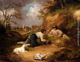 Rabbits Wall Art - Two Men Hunting Rabbits With Their Dog, A Village Beyond